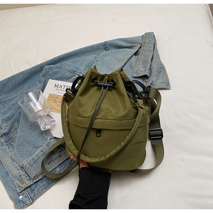 Army green Casual Nylon Drawstring Bucket Bag - Adjustable Strap Crossbody Purse - Image 3