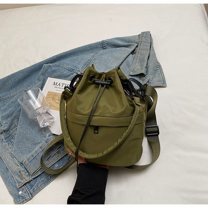 Army green Casual Nylon Drawstring Bucket Bag - Adjustable Strap Crossbody Purse - Image 3
