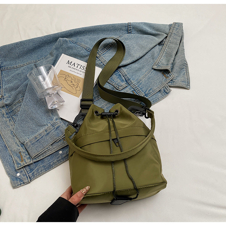 Army green Casual Nylon Drawstring Bucket Bag - Adjustable Strap Crossbody Purse - Image 4