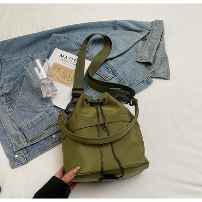 Army green Casual Nylon Drawstring Bucket Bag - Adjustable Strap Crossbody Purse - Image 4