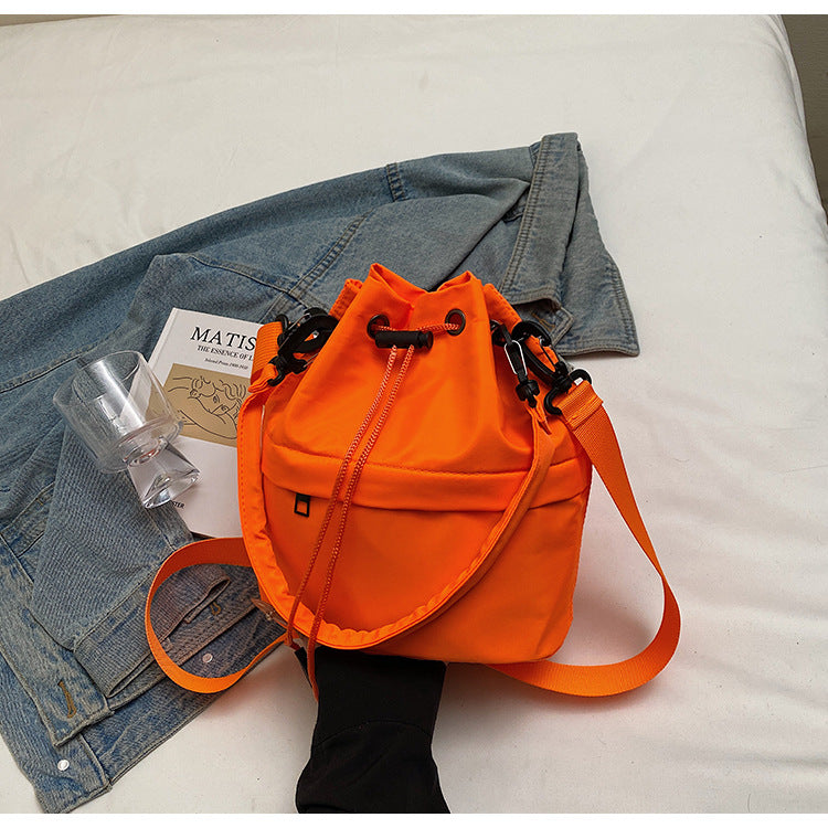 Orange Casual Nylon Drawstring Bucket Bag - Adjustable Strap Crossbody Purse - Image 2