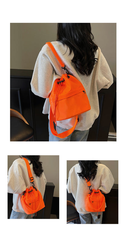 Orange Casual Nylon Drawstring Bucket Bag - Adjustable Strap Crossbody Purse - Image 3