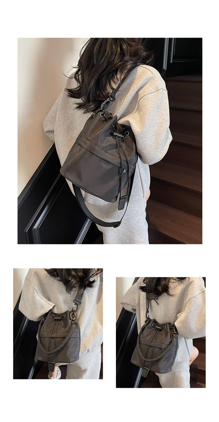 Gray Casual Nylon Drawstring Bucket Bag - Adjustable Strap Crossbody Purse - Image 2