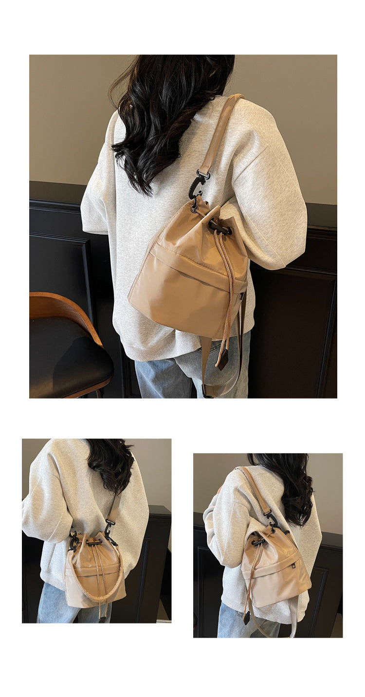 Khaki Casual Nylon Drawstring Bucket Bag - Adjustable Strap Crossbody Purse - Image 2