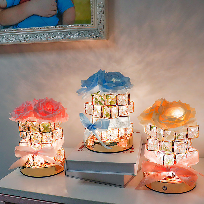 Pink Rose LED Crystal Flower Table Lamp - USB Rechargeable Touch Control Night Light - Image 4