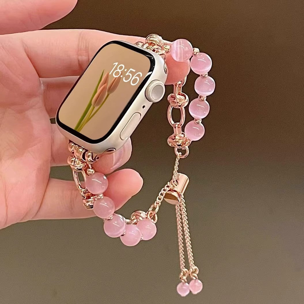 2-pcs Pink Elegant Cat's Eye Beaded Bracelet Band for Apple Watch - Women's Luxury Strap (Compatible Size :38/40/41MM ) - Image 2