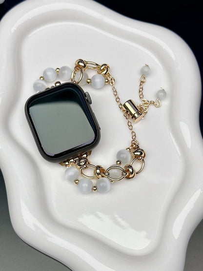 2-pcs Gold chain with white beads Elegant Cat's Eye Beaded Bracelet Band for Apple Watch - Women's Luxury Strap (Compatible Size :38/40/41MM ) - Image 3