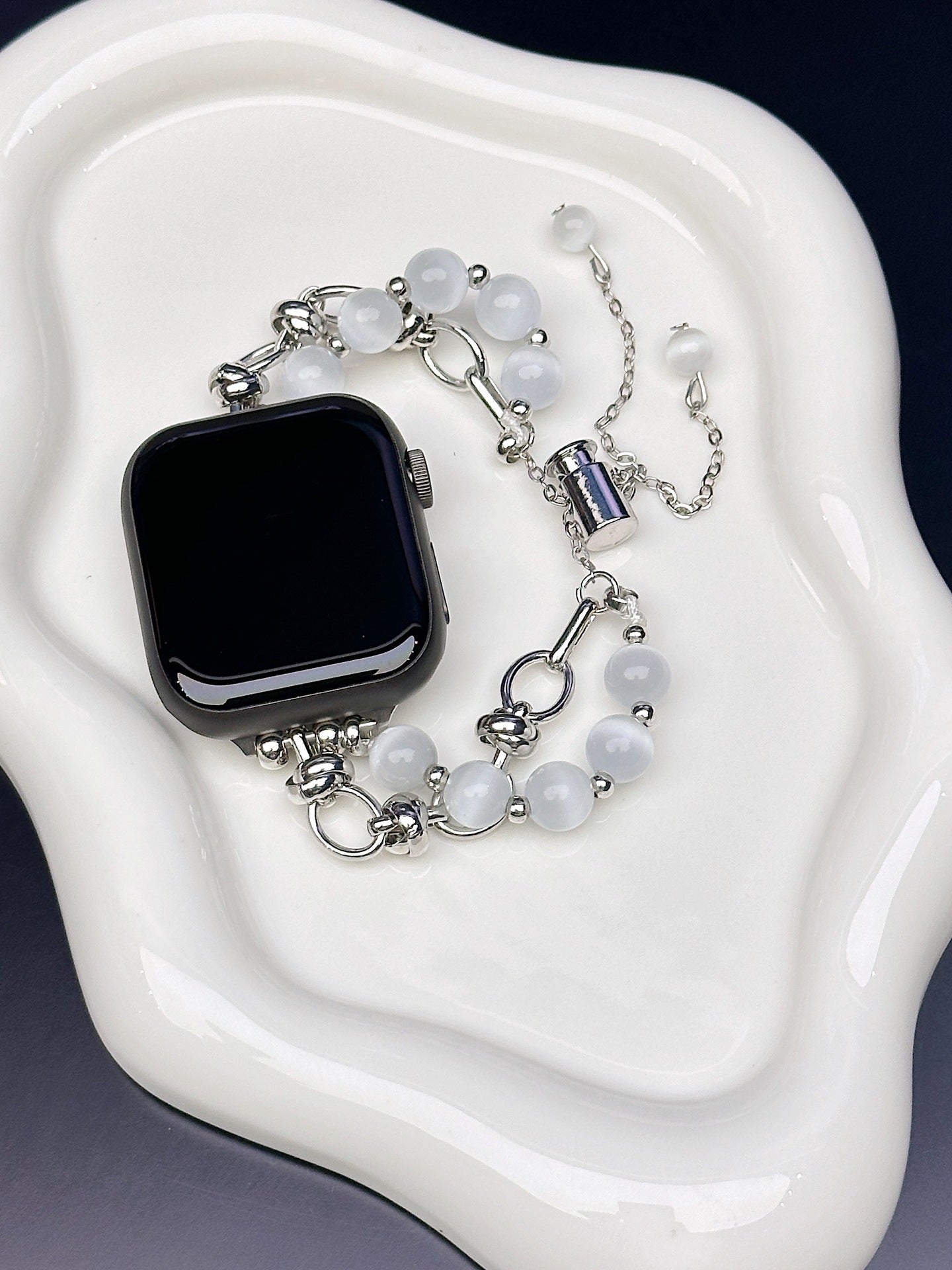 2-pcs Silver Elegant Cat's Eye Beaded Bracelet Band for Apple Watch - Women's Luxury Strap (Compatible Size :38/40/41MM ) - Image 2