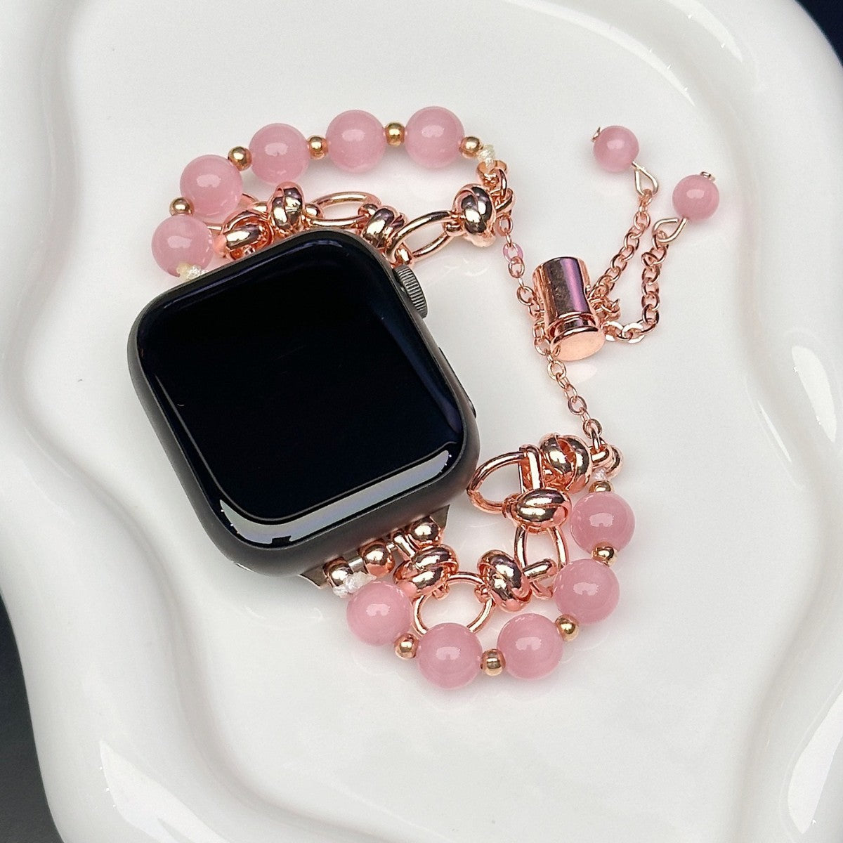 2-pcs Pink Elegant Cat's Eye Beaded Bracelet Band for Apple Watch - Women's Luxury Strap (Compatible Size :42/44/45MM ) - Image 3