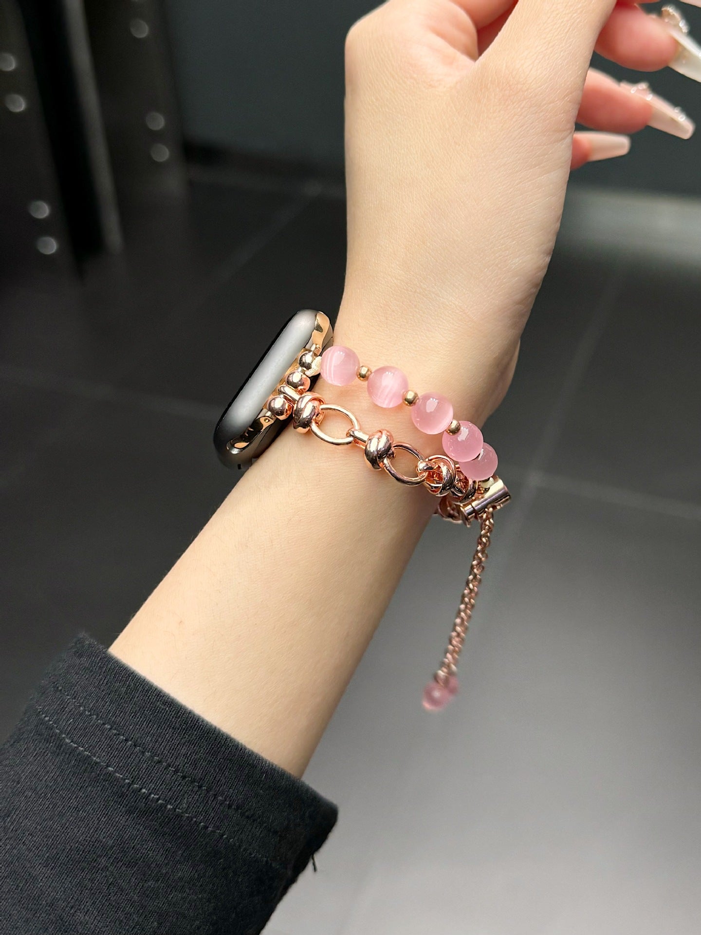 2-pcs Pink Elegant Cat's Eye Beaded Bracelet Band for Apple Watch - Women's Luxury Strap (Compatible Size :42/44/45MM ) - Image 5