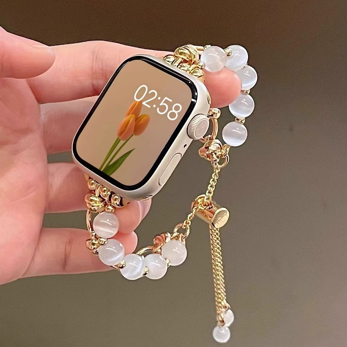2-pcs Gold chain with white beads Elegant Cat's Eye Beaded Bracelet Band for Apple Watch - Women's Luxury Strap (Compatible Size :42/44/45MM ) - Image 2