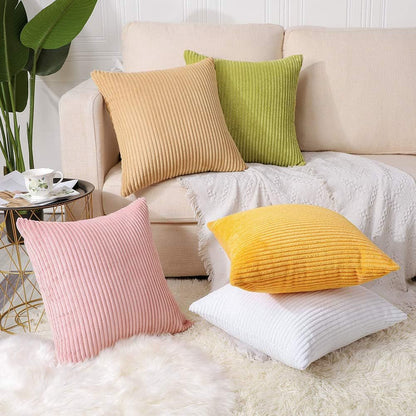 Brick Red Plush Striped Pillow Covers 45x45cm - Set of 4 Corduroy-Style Cushion Covers with Invisible Zipper, Soft and Washable for Sofa Decor - Image 3