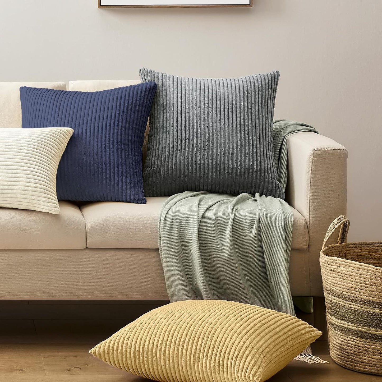 Brick Red Plush Striped Pillow Covers 45x45cm - Set of 4 Corduroy-Style Cushion Covers with Invisible Zipper, Soft and Washable for Sofa Decor - Image 4