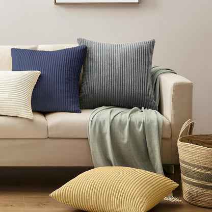 Green Plush Striped Pillow Covers 45x45cm - Set of 4 Corduroy-Style Cushion Covers with Invisible Zipper, Soft and Washable for Sofa Decor - Image 4