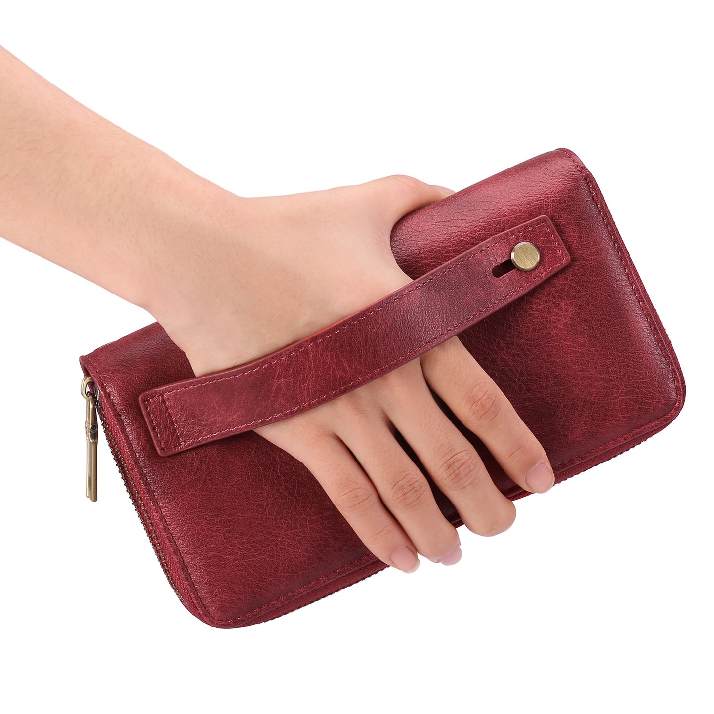 Brown Double Zipper Women's Wallet - Large Capacity Clutch Organizer with Wristlet Strap - Image 2