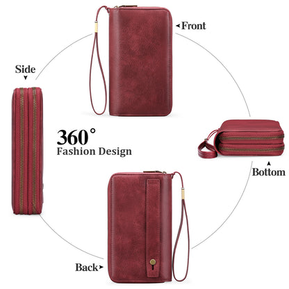 Brown Double Zipper Women's Wallet - Large Capacity Clutch Organizer with Wristlet Strap - Image 4