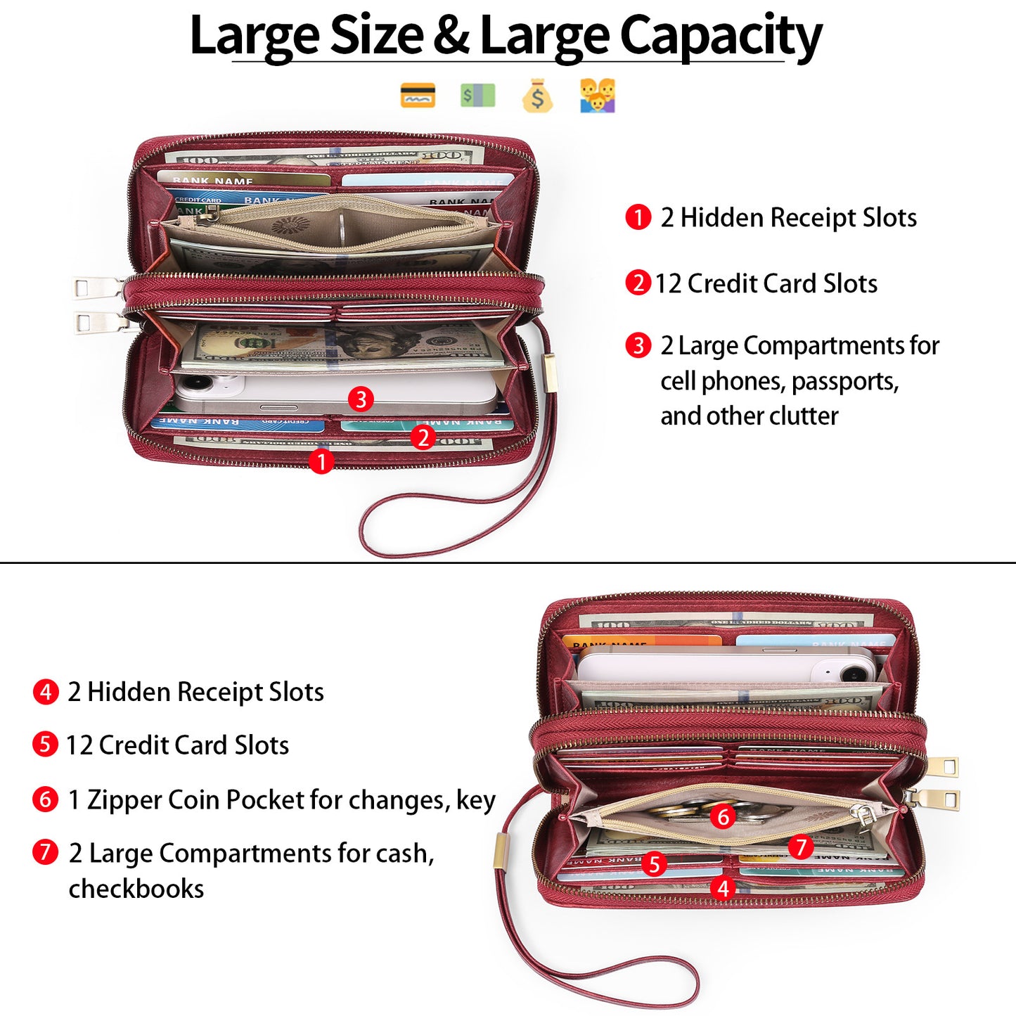 Brown Double Zipper Women's Wallet - Large Capacity Clutch Organizer with Wristlet Strap - Image 6