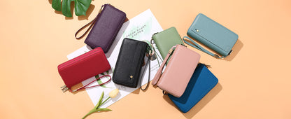 Brown Double Zipper Women's Wallet - Large Capacity Clutch Organizer with Wristlet Strap - Image 9