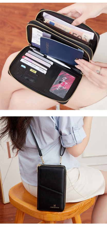 Black RFID Blocking Passport Wallet - Multi-Function Travel Organizer with Double Zipper and Crossbody Strap - Image 2