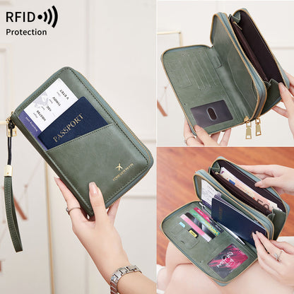 Black RFID Blocking Passport Wallet - Multi-Function Travel Organizer with Double Zipper and Crossbody Strap - Image 4