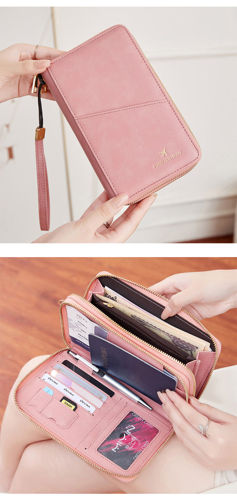 Pink RFID Blocking Passport Wallet - Multi-Function Travel Organizer with Double Zipper and Crossbody Strap - Image 2