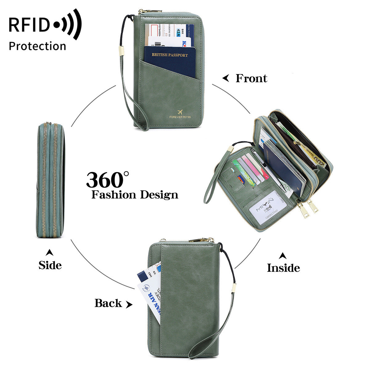 Red RFID Blocking Passport Wallet - Multi-Function Travel Organizer with Double Zipper and Crossbody Strap - Image 3
