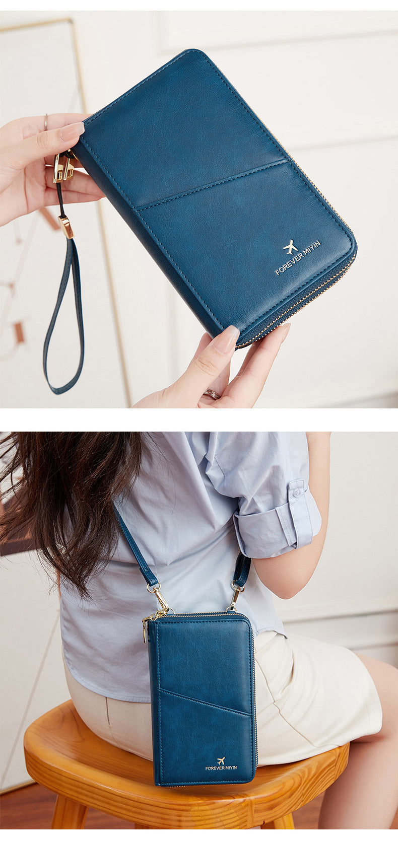Peacock Blue RFID Blocking Passport Wallet - Multi-Function Travel Organizer with Double Zipper and Crossbody Strap - Image 2