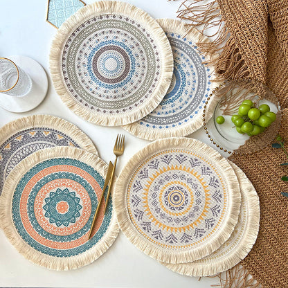 4 Pcs Beige and Orange Boho Chic Woven Cotton Placemat with Tassels - Nordic Bohemian Style(Tableware is a prop for shooting and is not included) - Image 2