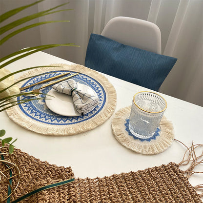 4 Pcs Beige and Orange Boho Chic Woven Cotton Placemat with Tassels - Nordic Bohemian Style(Tableware is a prop for shooting and is not included) - Image 3