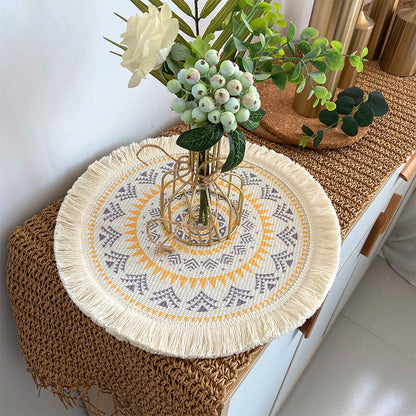 4 Pcs Beige and Orange Boho Chic Woven Cotton Placemat with Tassels - Nordic Bohemian Style(Tableware is a prop for shooting and is not included) - Image 4