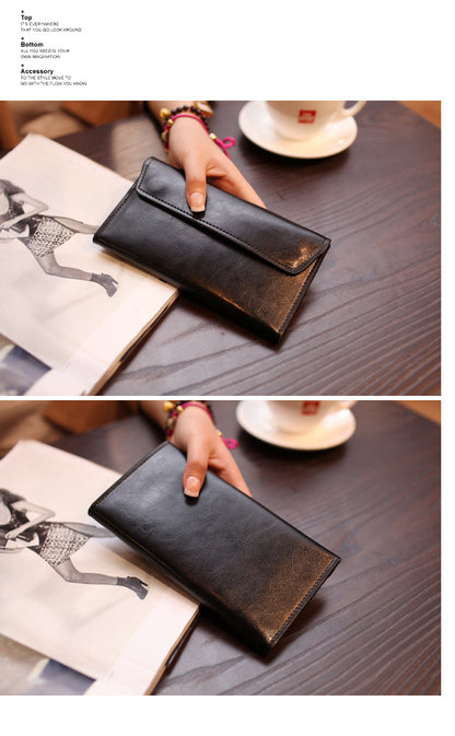 Brown Women's Genuine Leather Long Wallet - Slim Business Clutch with Snap Closure, Multi-Card Holder - Image 4