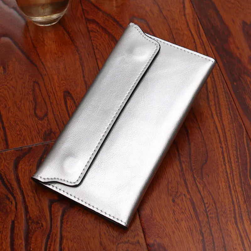 Silver Women's Genuine Leather Long Wallet - Slim Business Clutch with Snap Closure, Multi-Card Holder