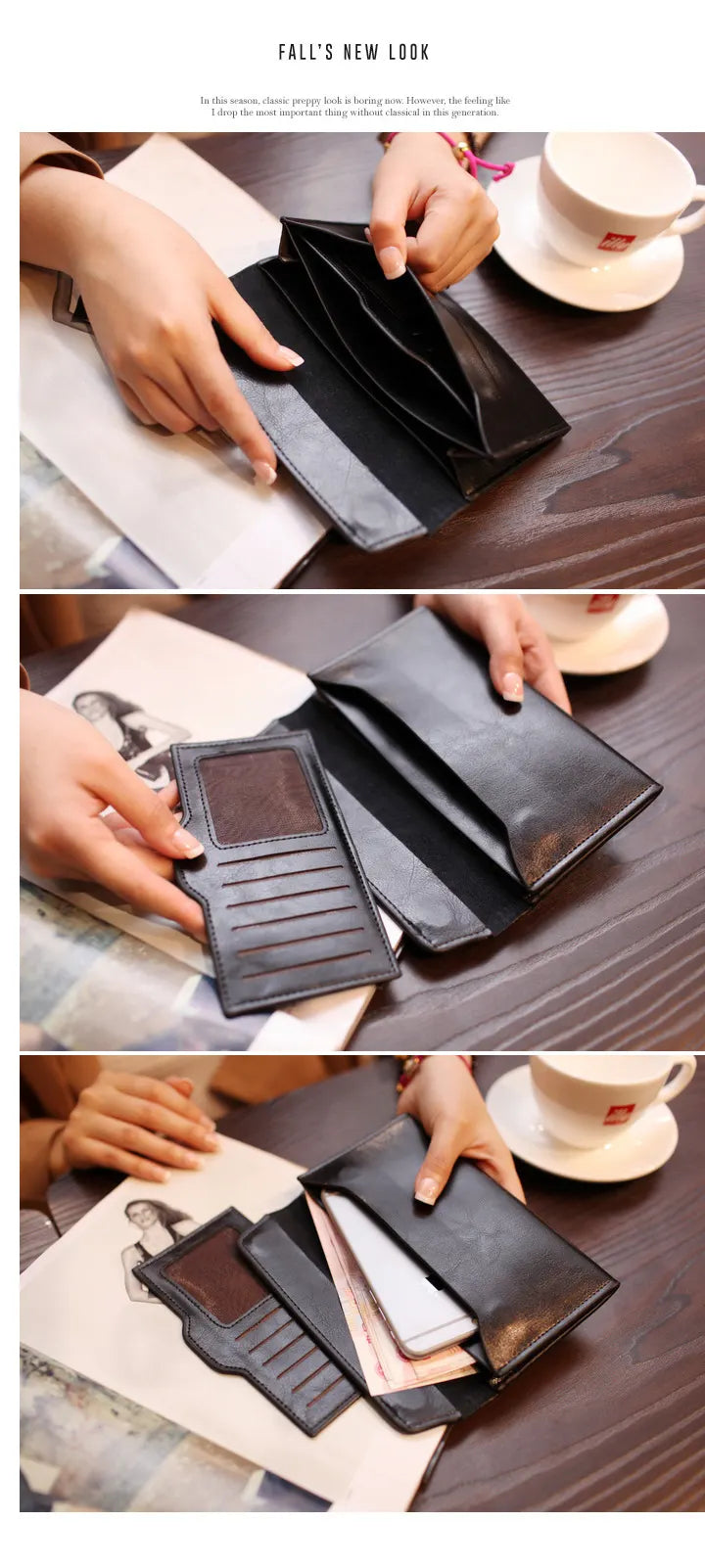 Silver Women's Genuine Leather Long Wallet - Slim Business Clutch with Snap Closure, Multi-Card Holder - Image 5