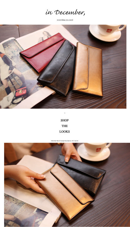 Silver Women's Genuine Leather Long Wallet - Slim Business Clutch with Snap Closure, Multi-Card Holder - Image 6