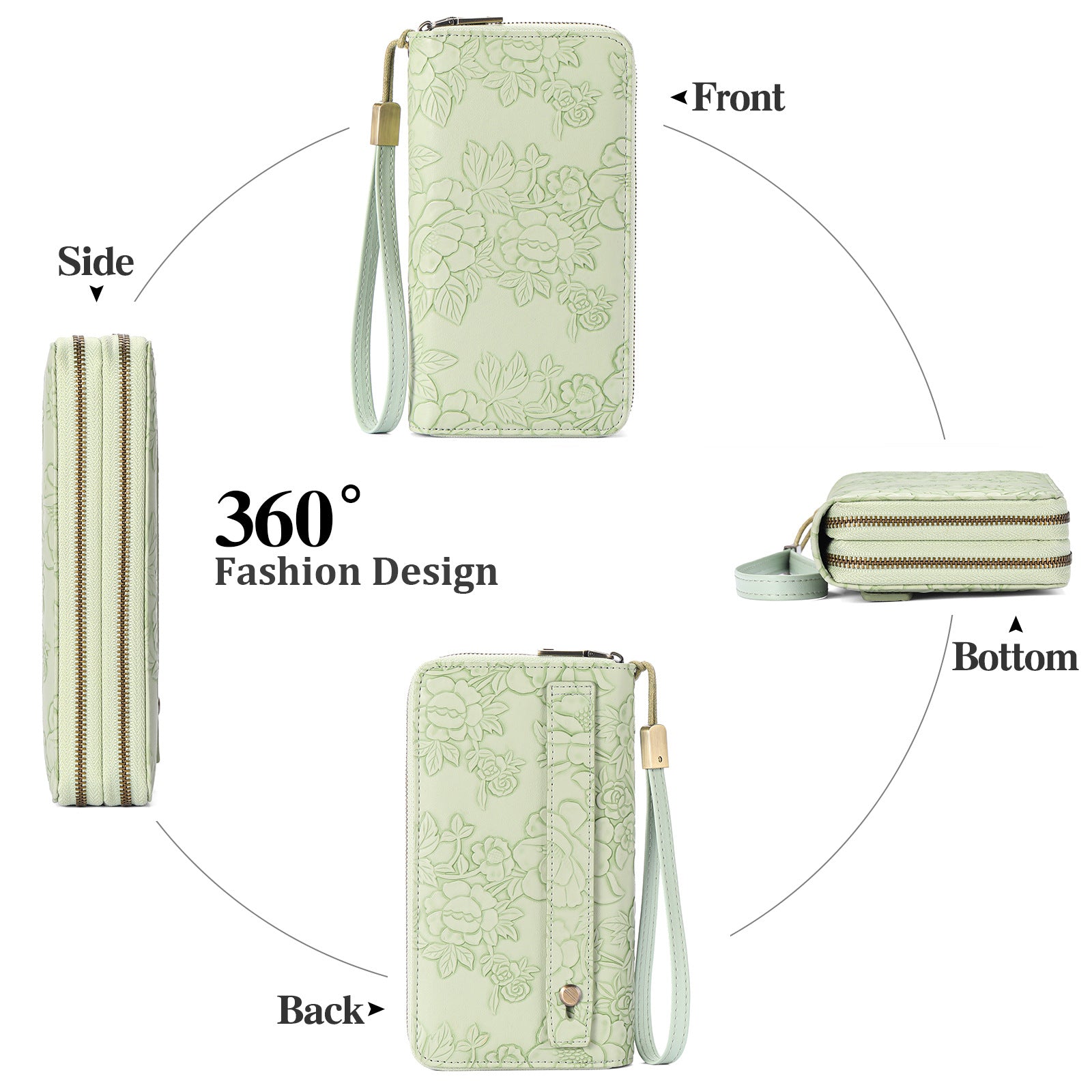 Green Floral Embossed Large Capacity Women's Wallet - Double Zipper PU Leather Clutch with Detachable Wrist Strap - Image 7