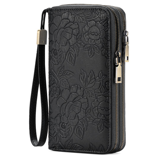 Black Floral Embossed Large Capacity Women's Wallet - Double Zipper PU Leather Clutch with Detachable Wrist Strap