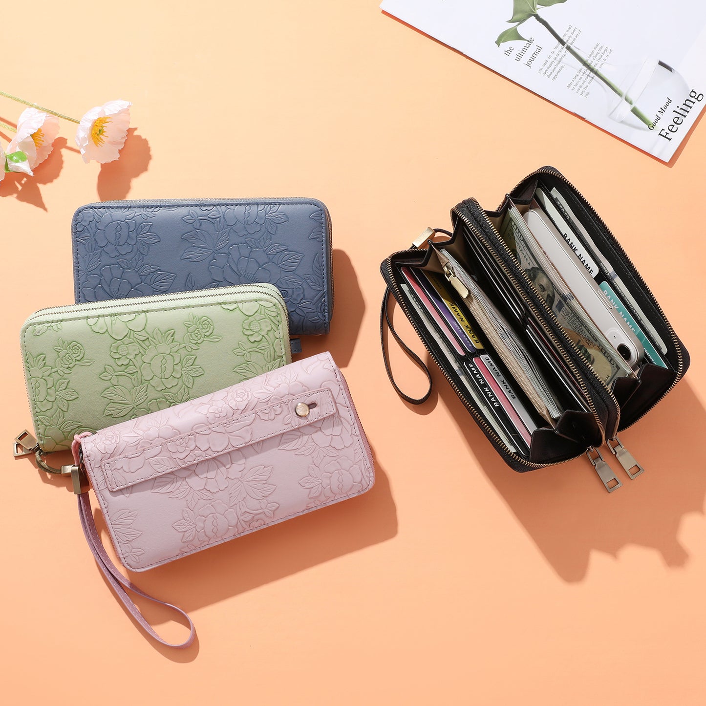 Black Floral Embossed Large Capacity Women's Wallet - Double Zipper PU Leather Clutch with Detachable Wrist Strap - Image 2
