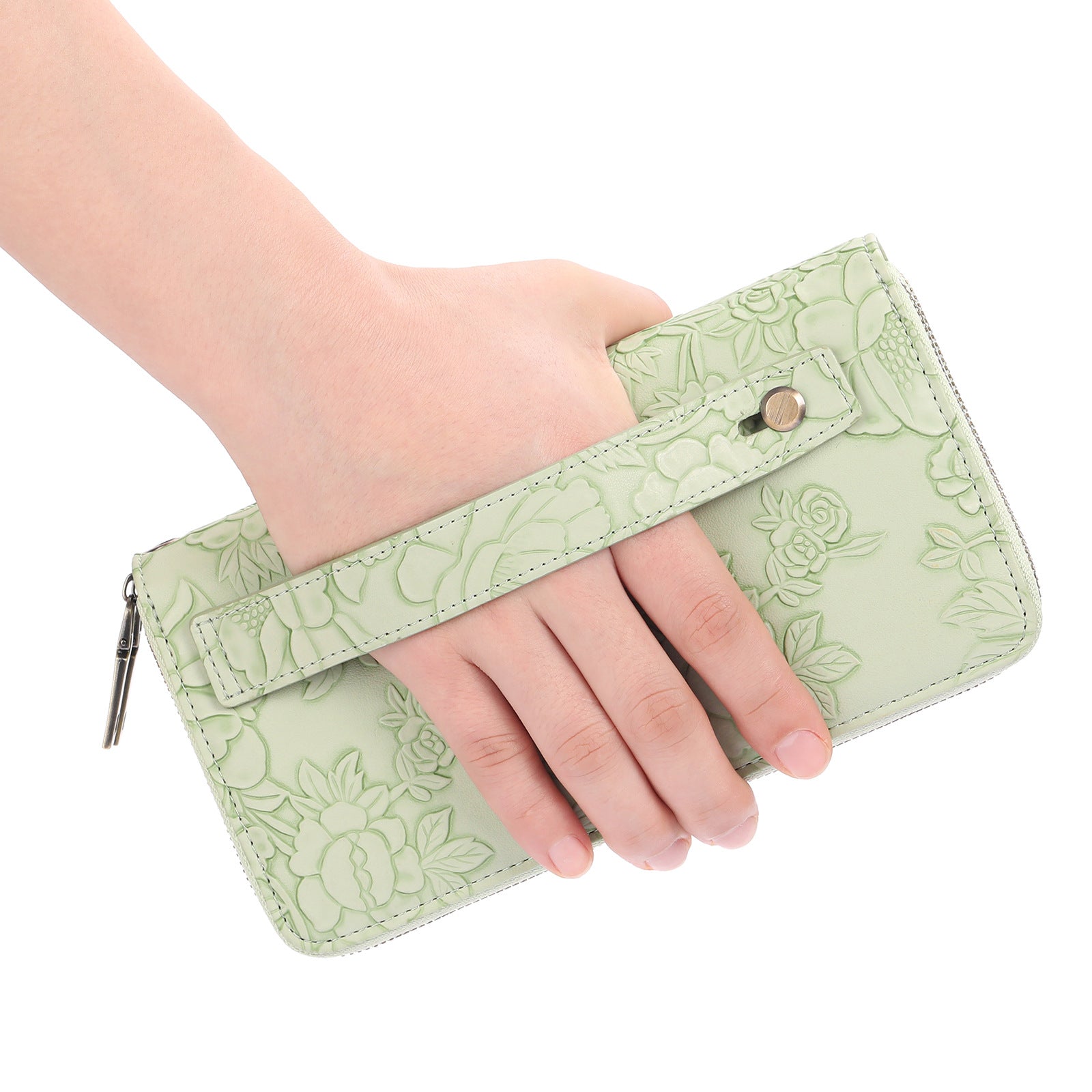Black Floral Embossed Large Capacity Women's Wallet - Double Zipper PU Leather Clutch with Detachable Wrist Strap - Image 4