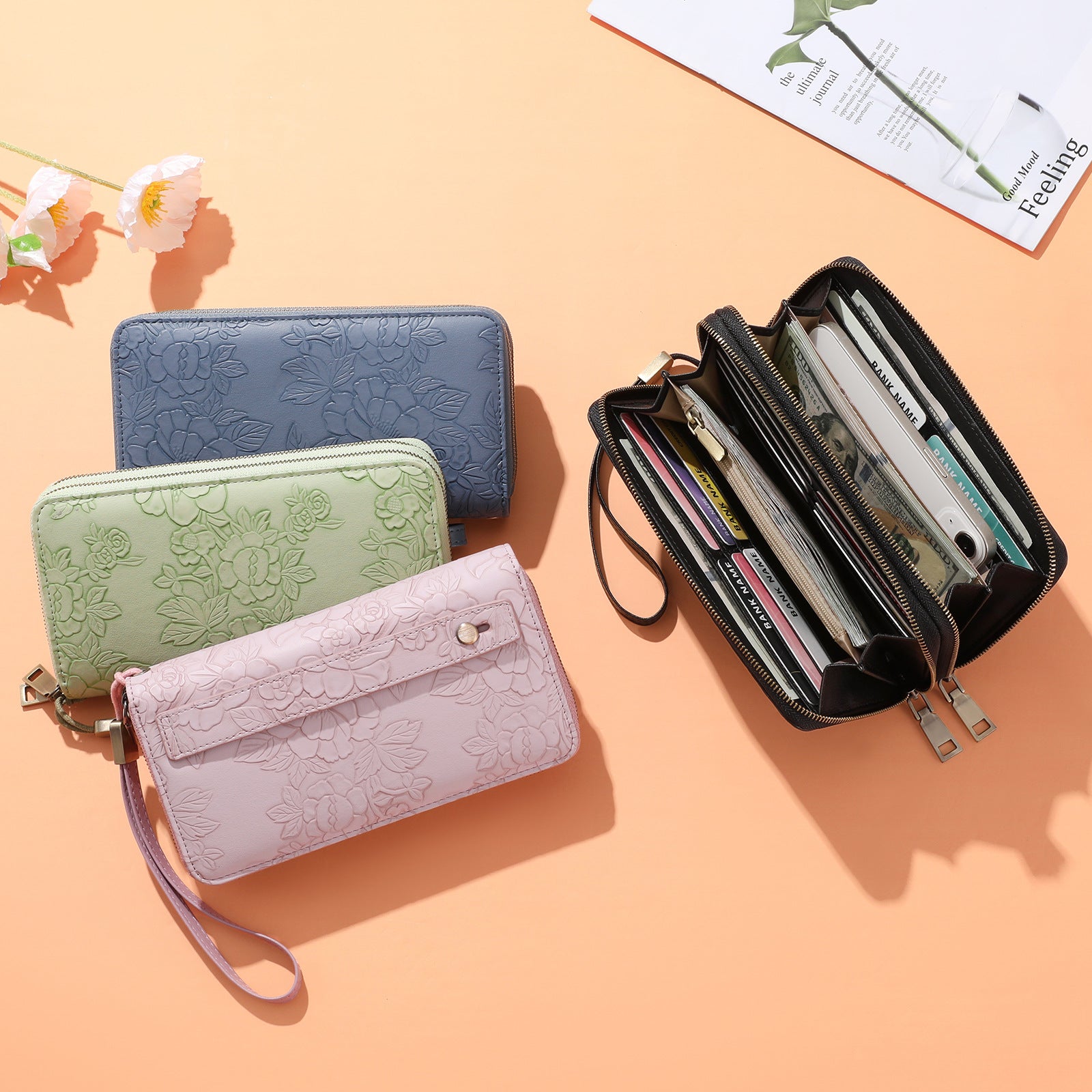 Pink Floral Embossed Large Capacity Women's Wallet - Double Zipper PU Leather Clutch with Detachable Wrist Strap - Image 2