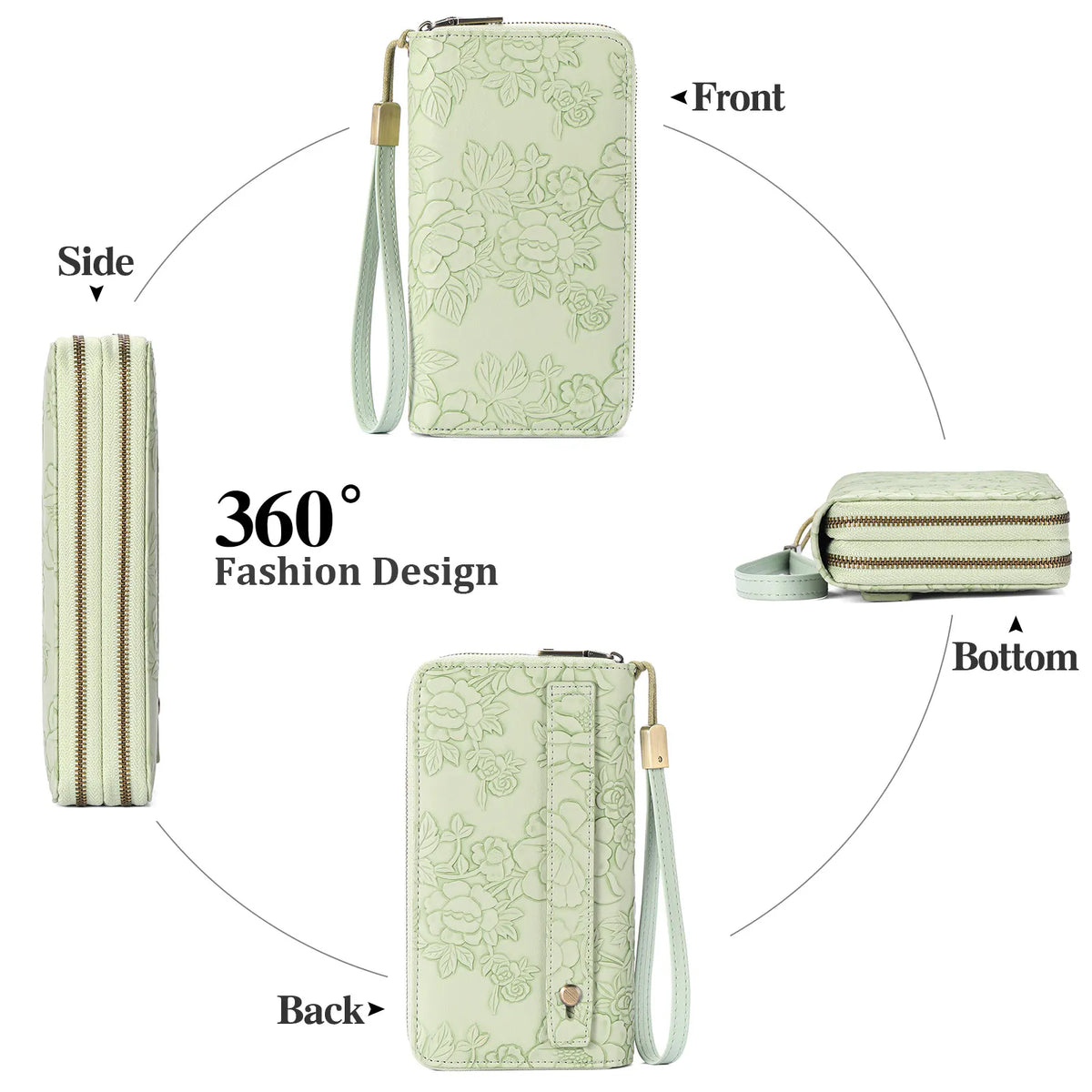 Pink Floral Embossed Large Capacity Women's Wallet - Double Zipper PU Leather Clutch with Detachable Wrist Strap - Image 7
