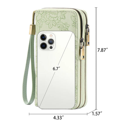 Pink Floral Embossed Large Capacity Women's Wallet - Double Zipper PU Leather Clutch with Detachable Wrist Strap - Image 8