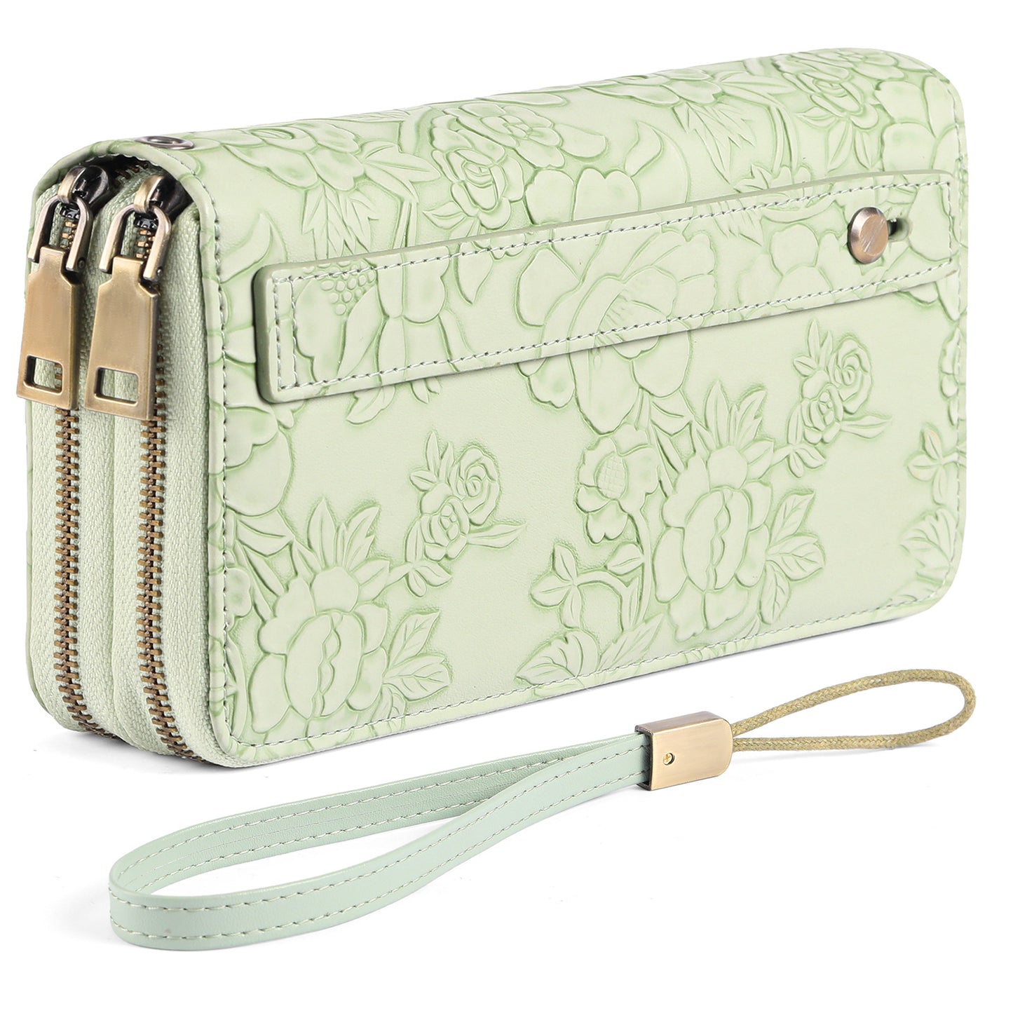 Blue Floral Embossed Large Capacity Women's Wallet - Double Zipper PU Leather Clutch with Detachable Wrist Strap - Image 3
