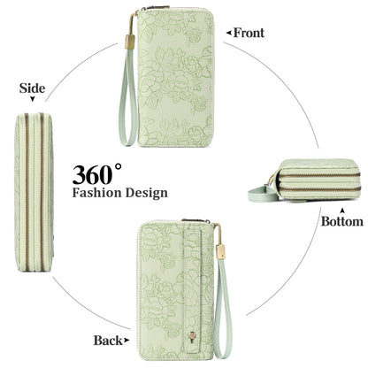 Blue Floral Embossed Large Capacity Women's Wallet - Double Zipper PU Leather Clutch with Detachable Wrist Strap - Image 7