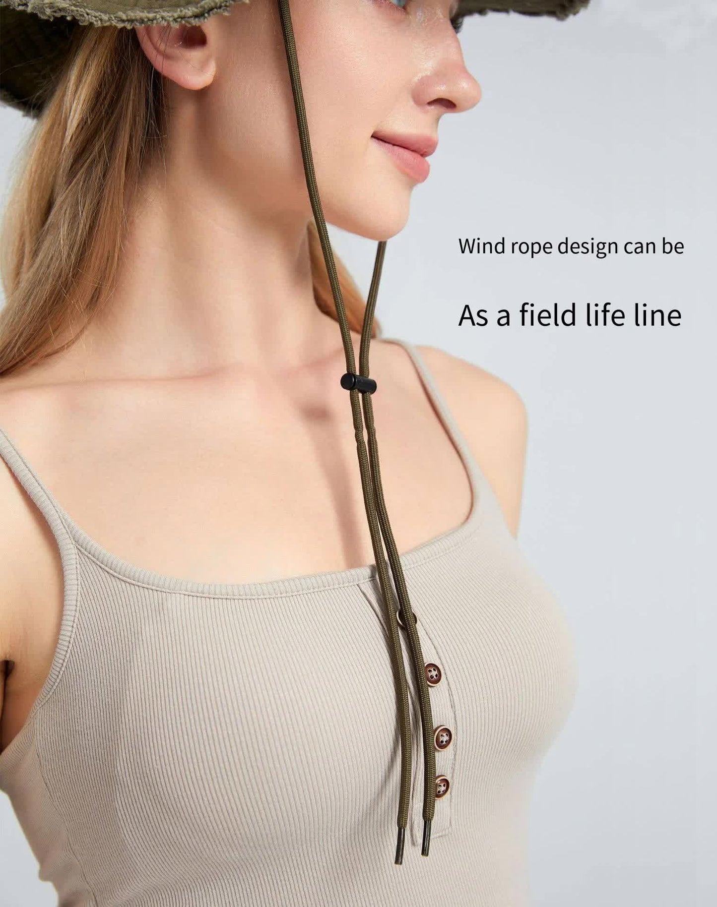 Beige Packable Cotton Bucket Hat - Folds into Wearable Pouch | Frayed Edge Sun Hat with Chin Strap - Image 5