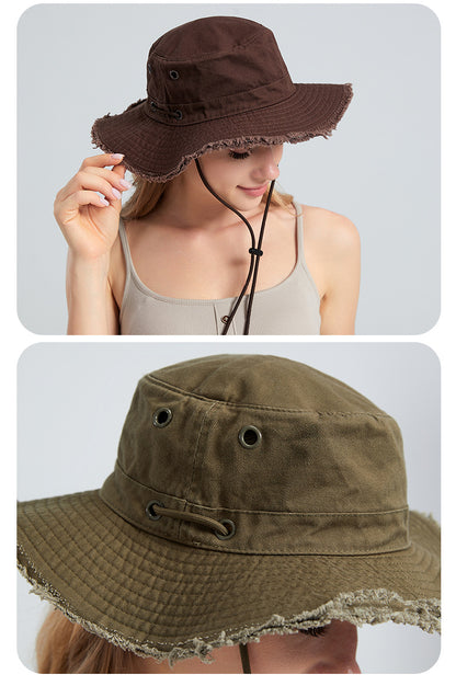 Green Packable Cotton Bucket Hat - Folds into Wearable Pouch | Frayed Edge Sun Hat with Chin Strap - Image 7