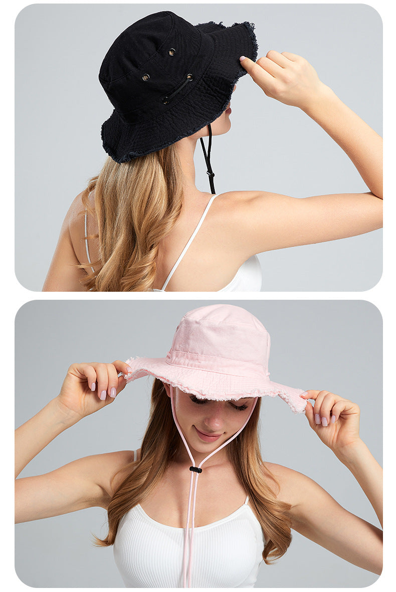 Coffee Packable Cotton Bucket Hat - Folds into Wearable Pouch | Frayed Edge Sun Hat with Chin Strap - Image 6