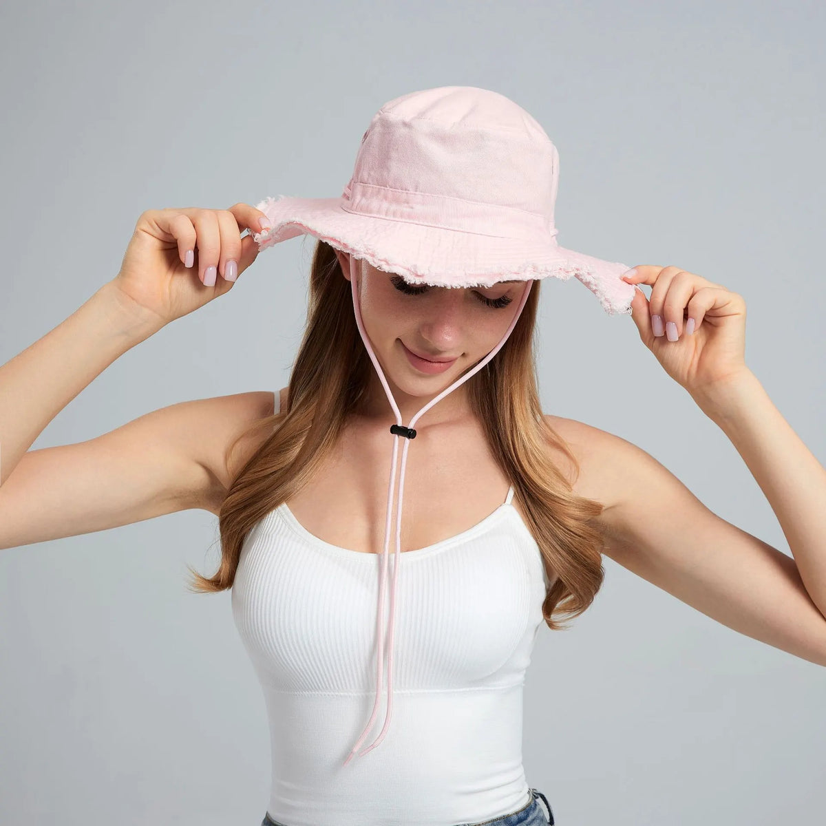 Pink Packable Cotton Bucket Hat - Folds into Wearable Pouch | Frayed Edge Sun Hat with Chin Strap
