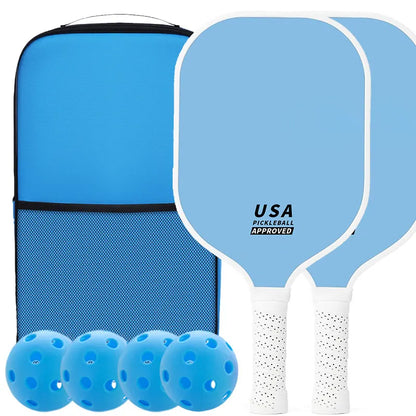 Bright Blue Fiberglass Pickleball Paddle Set - 2 Minimalist Paddles, 4 Balls, and Carry Bag for Outdoor Play