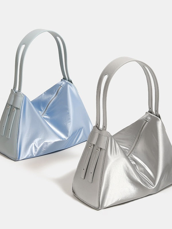 Silver Luminous Silver Nylon Underarm Shoulder Bag - Convertible Crossbody Hobo with Pouch - Lightweight & Modern - Image 2