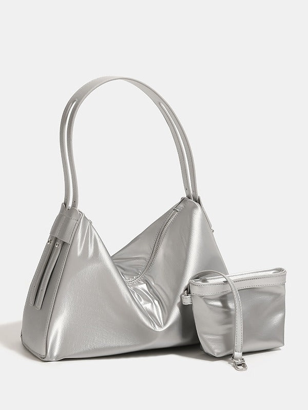 Silver Luminous Silver Nylon Underarm Shoulder Bag - Convertible Crossbody Hobo with Pouch - Lightweight & Modern - Image 3